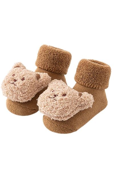 OEM Fleece Socks with Attached Toy, Non-Slip Sole, Bear Design, Brown 6-12 Months (11.5 cm)