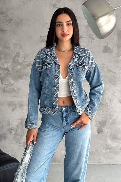 FashionForYou Arusha women's short jacket, with geometric details and metal buttons, Denim Blue, M