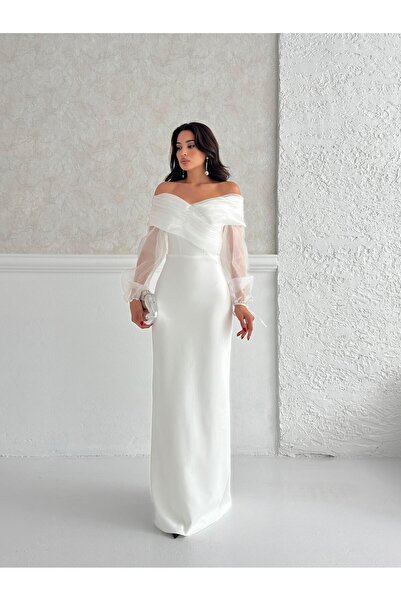 Serica Moda White Chiffon Sleeve Detail Off Shoulder Mermaid Evening Dress
