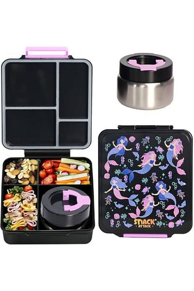 Snack Attack Kids Bento Lunch Box with Thermos Jar – Leakproof Stainless Steel 4 Compartment Lunch