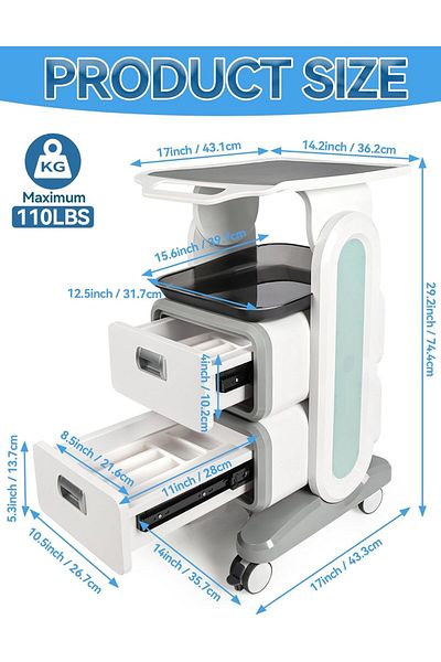 Globalstar Globalsatar Multi-Use Medical and Salon Trolley Cart with 2 Drawers - ABS Rolling Cart