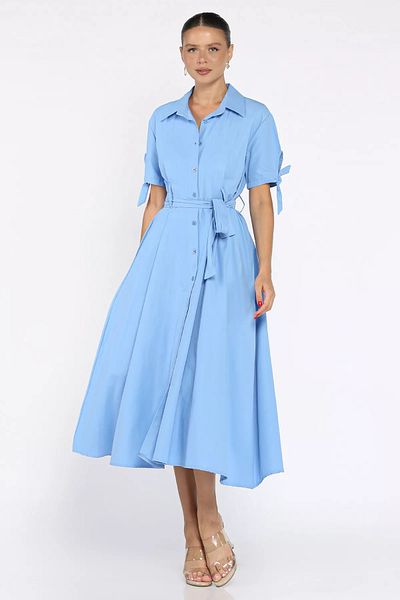 GÜLSELİ Blue Buttoned and Pleated Short Sleeve Long Dress