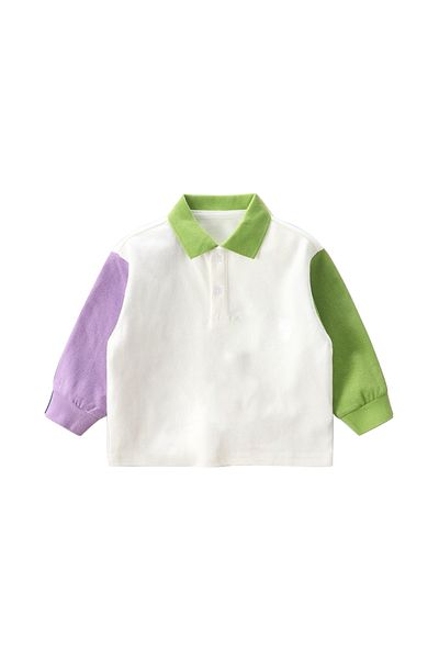 L&Wen Boys Stylish Color-blocked Long Sleeve Polo Shirt, Lapel Kids Top White 90 (2-3 Years)