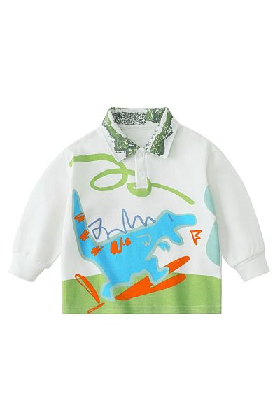 L&Wen Boys Playful Long Sleeve Polo Shirt, Cartoon Print Kids Top, Green 110 (5 Years)