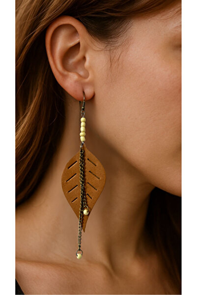 Nenya Açık Kahve Yaprak Desenli Hakiki Deri Küpe