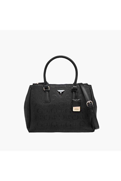 Guess Monogram Embossed Tote Bag with Detachable Strap and Zip Closure