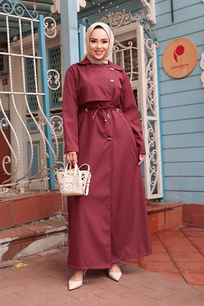 N.S NEVA STYLE Buttoned Burgundy Hijab Trench Coat 684Br