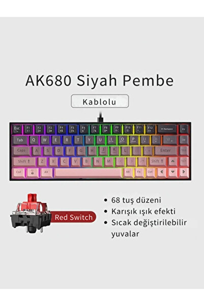 Coverzone 65% Kablolu Hotswap Mekanik Oyun Klavyesi,68 Tuşlu Anti-Ghosting AJAZZ AK680 Pembe | Red Switch