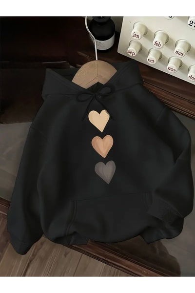 FUFLUNS سويت شيرت بقلنسوة كبير الحجم مطبوع على شكل قلب للجنسين