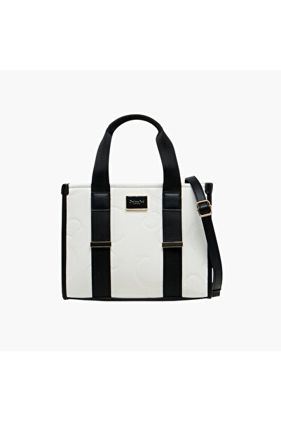 CHARLOTTE حقيبة ريد مونوغرام منقوشة بحزام قابل للفصل وسحاب للإغلاق