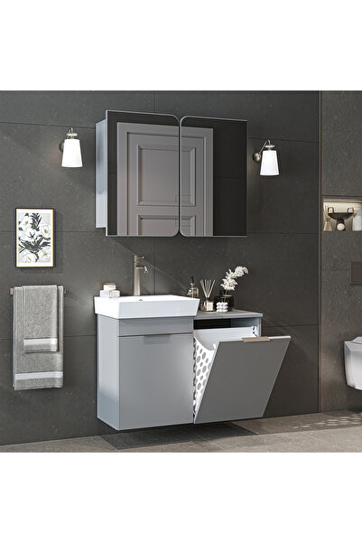 ROOMART Dubai Sepetli Mdflam Banyo Dolabı, Lavabolu Banyo Alt Dolabı + Aynalı Banyo Üst Dolabı Takımı