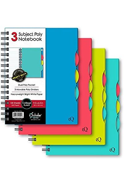 ischolar iQ 3 Subject Poly Cover Double Wire Notebook, College Rule, 9.5 x 6.5 Inches, 120 Sheets