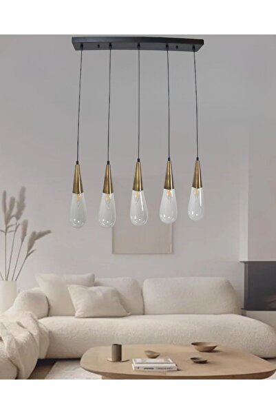 Fera Aydınlatma Damla Şeffaf Cam 5Li Sıralı Eskitme Metal Gövde Salon Yemek M...