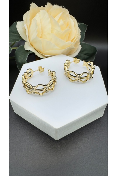 XUPING JEWELRY Taşlı Desenli Yarı Halka Gold Küpe