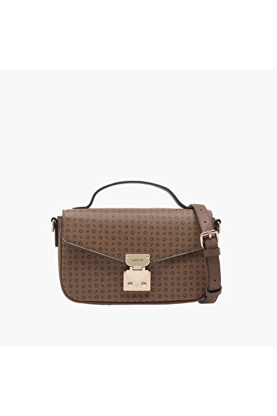 Guess Elaina Monogram Print Crossbody Bag with Flap Closure and Adjustable Strap