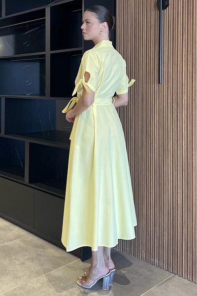 GÜLSELİ Yellow Buttoned and Pleated Short Sleeve Long Dress