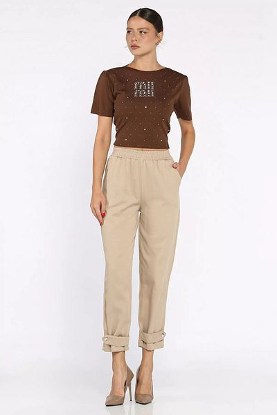 GÜLSELİ Light Mink Elastic Waist Gabardine Trousers
