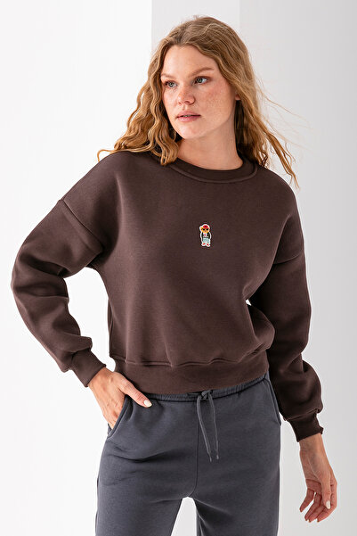 GİYSA Γυναικείο φούτερ με λαιμόκοψη με γυαλιά και κέντημα με 3 κλώνους καφέ - 2671