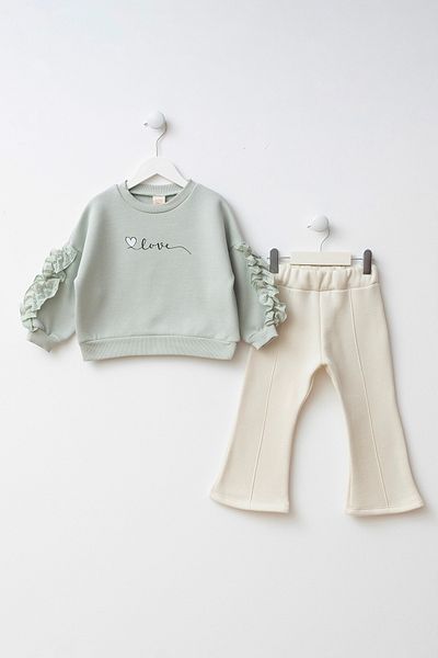 Minipodyum Girls' Top and Bottom Set with Gathered Sleeves and Embroidery Detail
