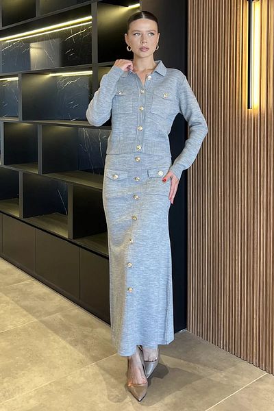 GÜLSELİ Gray Button Detailed Cardigan Skirt Knitwear Double Set