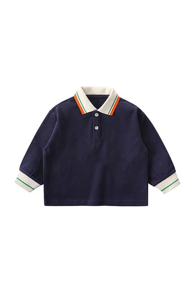 L&Wen Boys Color-blocked Long Sleeve Polo Shirt, Simple Kids Top Navy Blue 110 (5 Years)