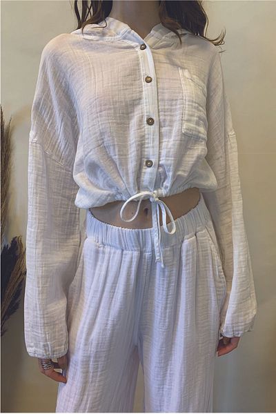 ARİNNASİDE Muslin Hooded Button Crop Shirt