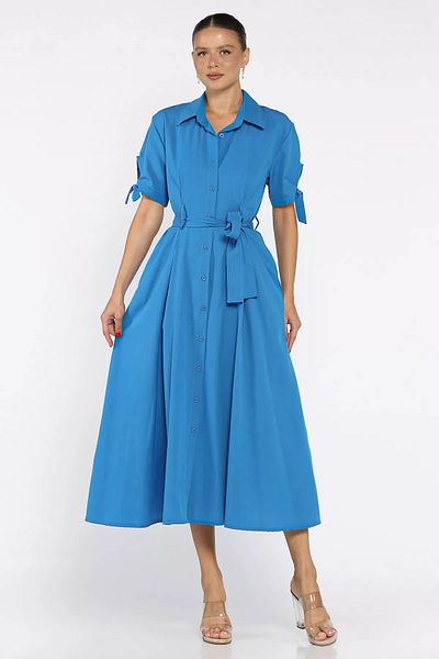 GÜLSELİ Dark Blue Buttoned and Pleated Short Sleeve Long Dress