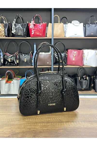 VICTORIA SHINE D موديل حقيبة متوسطة الحجم 3101 جلد ليوبارد أسود لامع