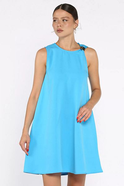 GÜLSELİ Blue Shoulder Buckle Comfortable Short Dress