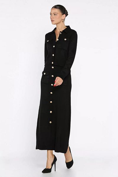 GÜLSELİ Black Button Detailed Cardigan Skirt Knitwear Double Set