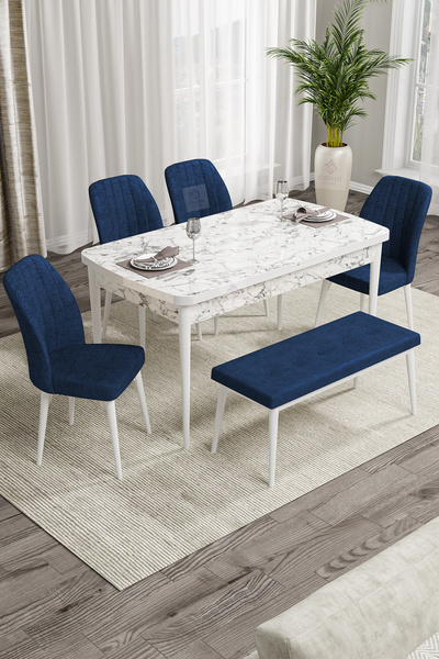Canisa Concept Rio Serisi Bench'li Beyaz Mermer Desenli Mdf Mutfak Masası 4 L...