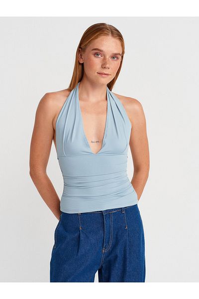 Dilvin 31968 Gathered Halter Neck Top-Dark Blue