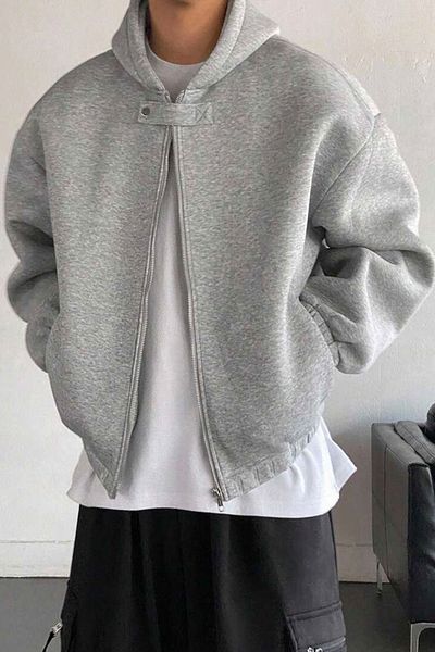 North London Men's Front Buttoned Zippered Three Thread Raised Gray Oversize Sweatshirt