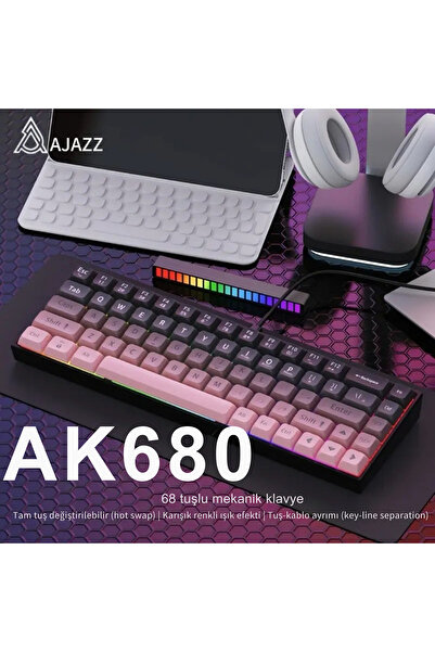 Coverzone 65% Kablolu Hotswap Mekanik Oyun Klavyesi,68 Tuşlu Anti-Ghosting AJAZZ AK680 Pembe | Brown Switch