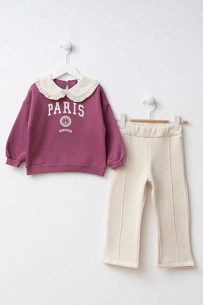 Minipodyum Printed Brode Collar Girl's Bottom Top Set