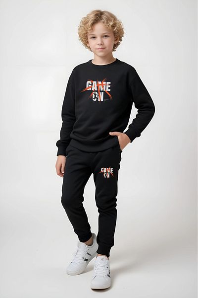 FYK COLLECTİON Round Neck Game on Printed Detail Boy's Tracksuit Set