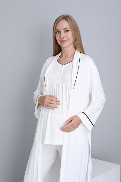 Miss Dünya Lissa Breastfeeding Suitable Collar Detailed Long Morning Gown Maternity and Postpartum Pajama Set