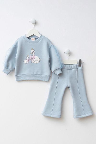 Minipodyum Printed Sleeves Tulle Detailed Baby Girl Top and Bottom Set