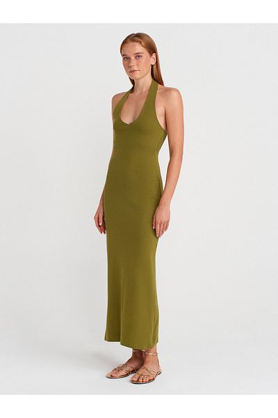 Dilvin 91476 Halter Neck Midi Dress-Oil Green