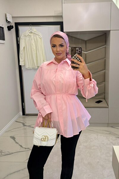 megapol Kadın Pembe Plikaşe Kollu Gömlek