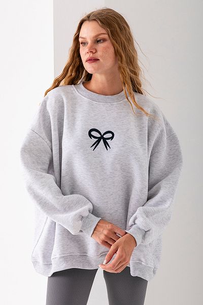 GİYSA Women's Crew Neck Bow Embroidered Oversize Sweatshirt Gray - 2666