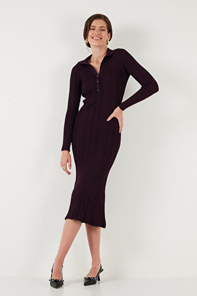 Lela Premium Fitilli V Yaka Slim Fit Midi Boy Triko Elbise ELBİSE 680EL00282