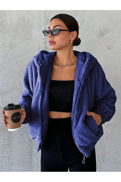 COOLHILL Hooded Oversize Sax Women's Plush Jacket with Zipper Pocket