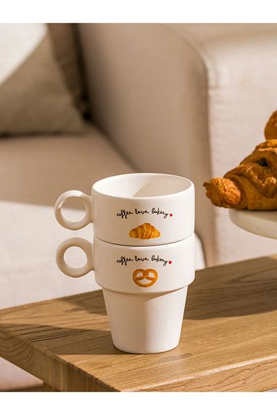 LC Waikiki Lcw Home Ecru Printed Ceramic Mug Set of 2 280 ml