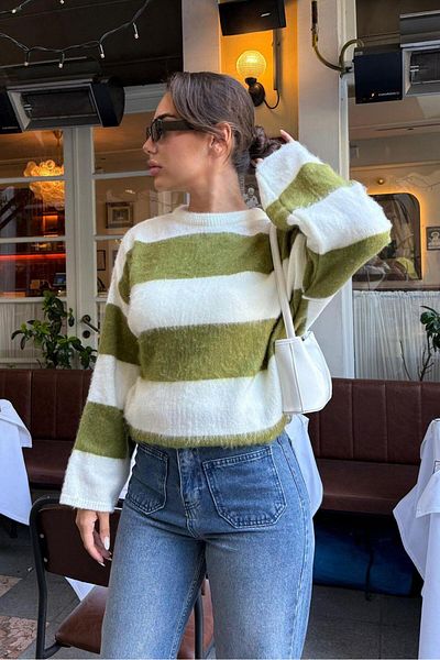 Madmext Oil Green Crew Neck Striped Knitwear Women's Sweater Mg2472