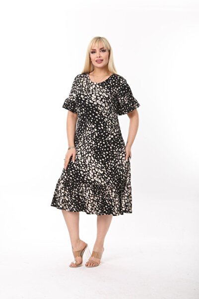 mami butik Plus Size Knee-Length Sleeve And Skirt Ruffle detailed short sleeve Stylish Pocket Viscose Combed Cotton Dress