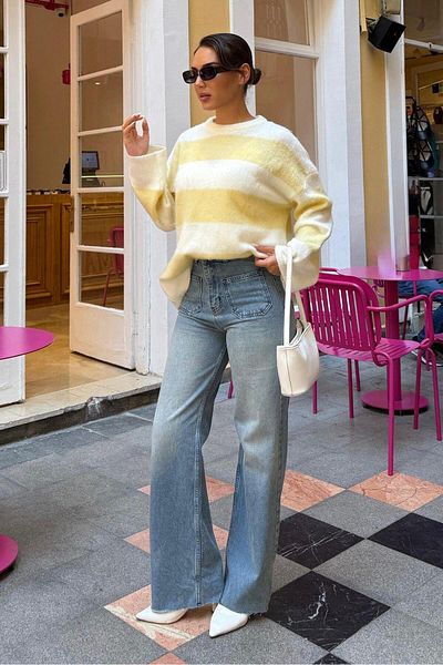 Madmext Yellow Crew Neck Striped Knitwear Women's Sweater Mg2472