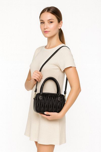 AVCA Women's Black Shoulder Handbag Textured Satin Shoulder Bag with Adjustable Strap