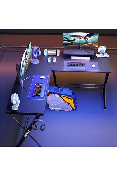 Datazone L Shaped Gaming Desk 130cm Carbon Fiber Layer with Large Monitor Lift Stand for Home Office