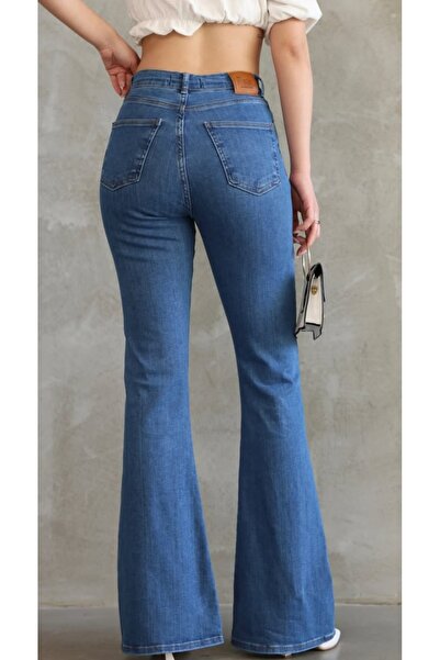 Weak Blue Pantaloni de damă talie înaltă evazat Blue Denim L material elastic Jean